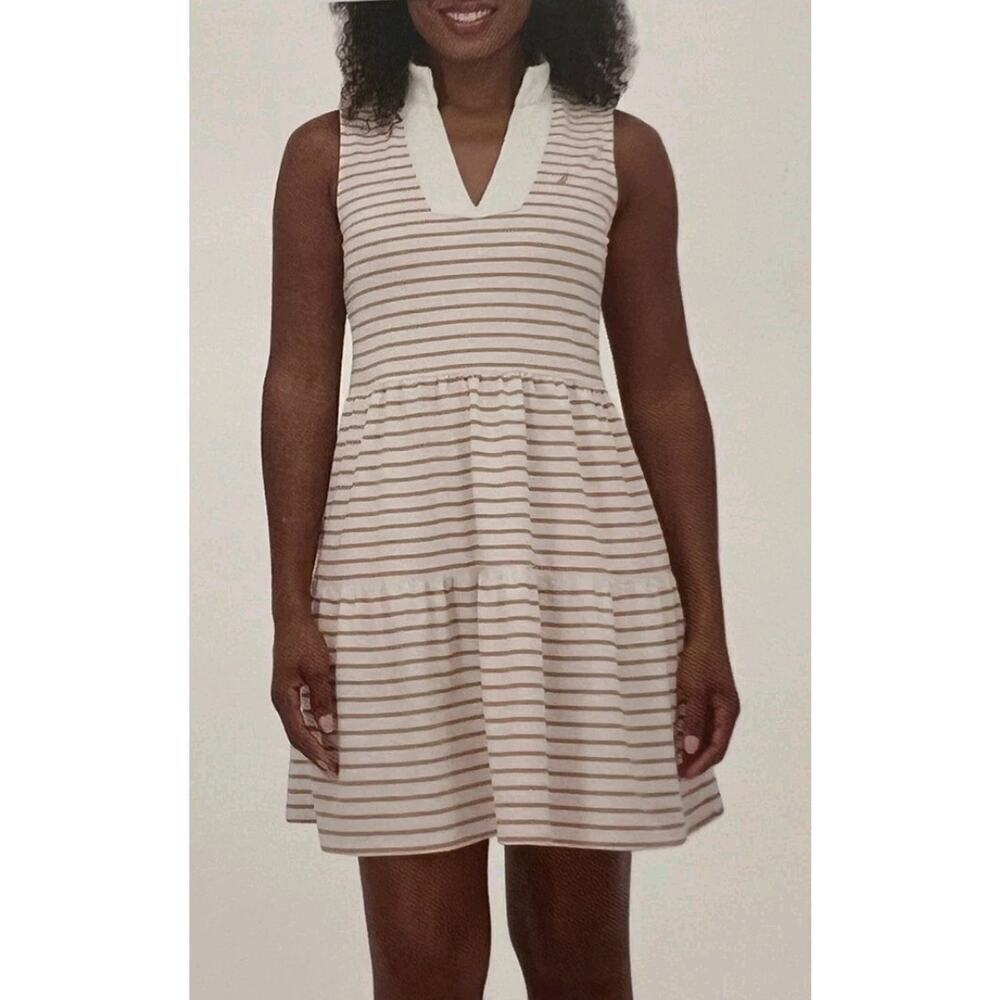 Nautica New Knit Sleeveless Dress Women's XL Tiered Almond Ivory Stripe Pockets